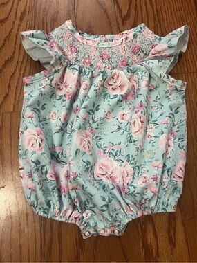 Floral Smocked Baby Romper - Mint & Pink